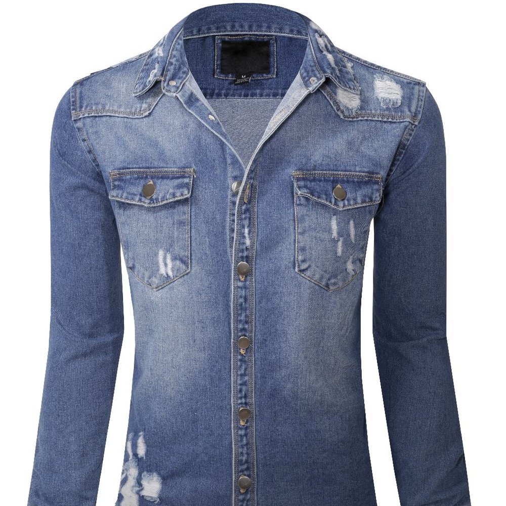 Men's Ripped Denim Jacket Button Shirt in Indigo Medium